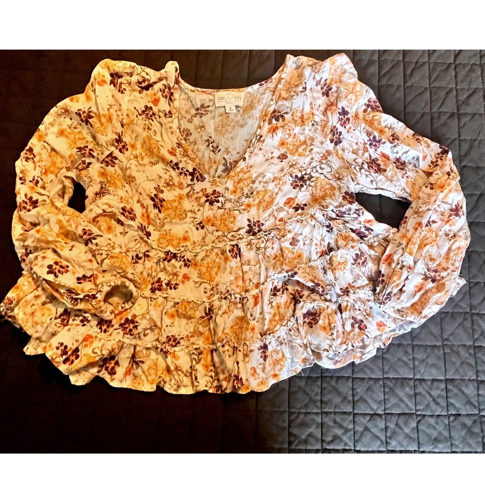 Jun & Ivy Womens‎ Floral Ruffle Tiered V-Neck Blouse Orange Yellow Cream Size M